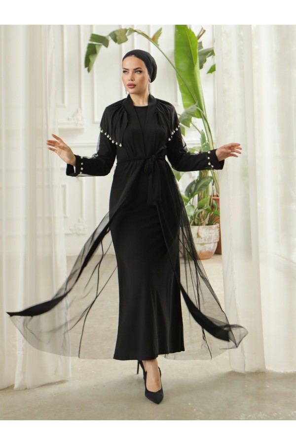 İnci Detaylı Tül Hırkalı Sendy Abaya -Siyah