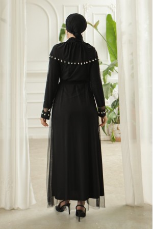 İnci Detaylı Tül Hırkalı Sendy Abaya -Siyah