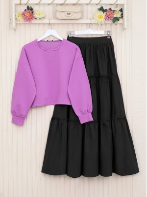 Parçalı Beli Lastikli Etek -Siyah