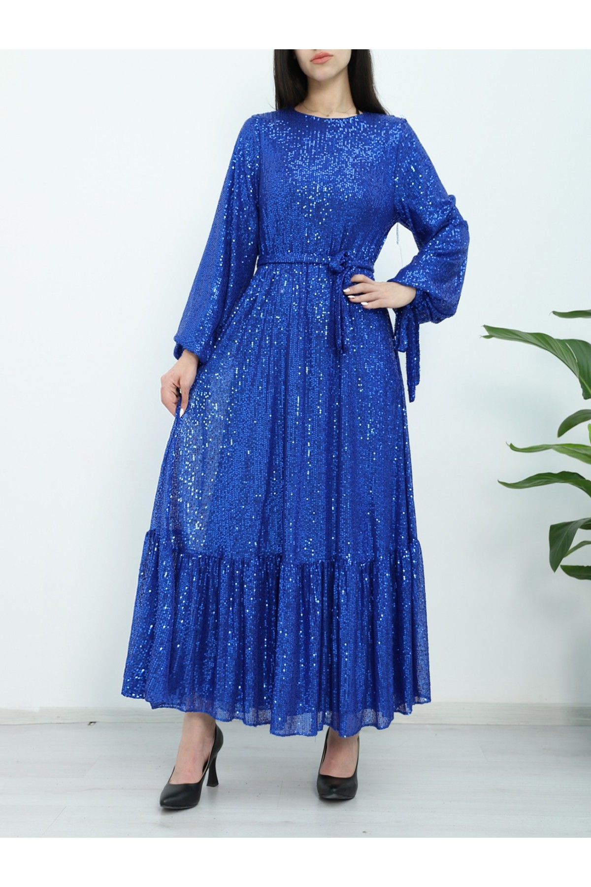 Belted Evening Dress with Stitched Skirt -Saxe 