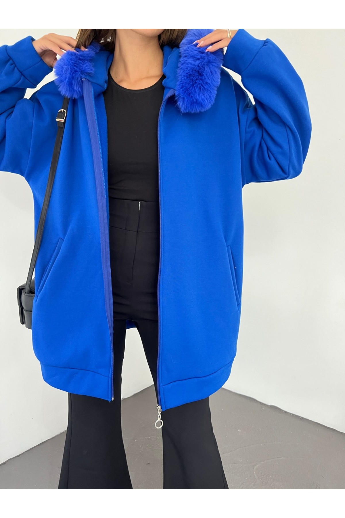Hooded Fur Zippered Fleece -Saxe 