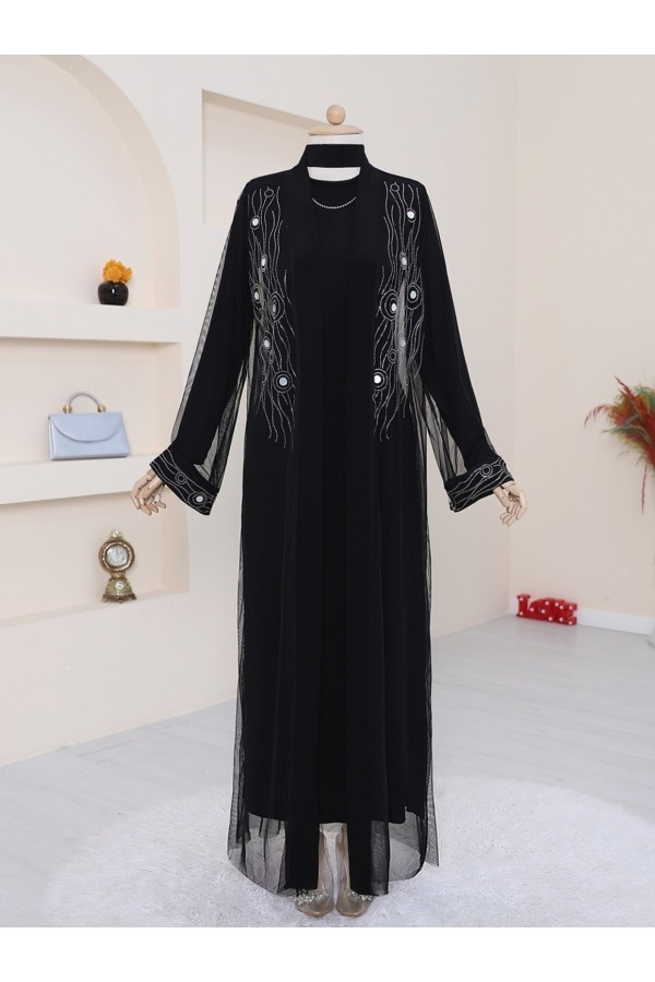 Önü Ve Manşeti Taşlı Abaya  -Gümüş