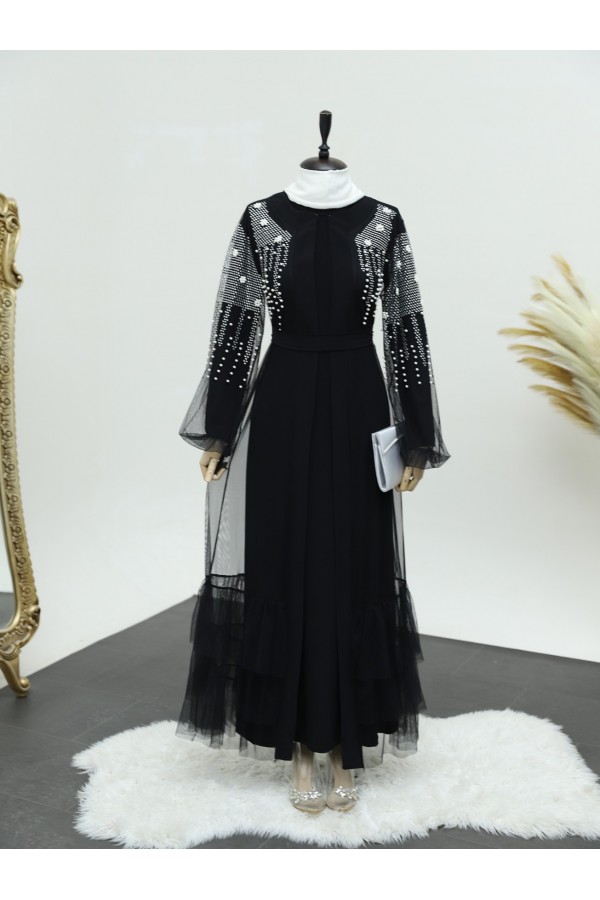 Kolları İncili Taşlı İkili Abaya Takım -Siyah