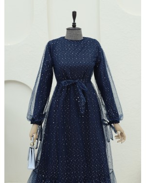 Lace-Up Tulle Dress with Sprinkled Sequin Detail -Navy blue