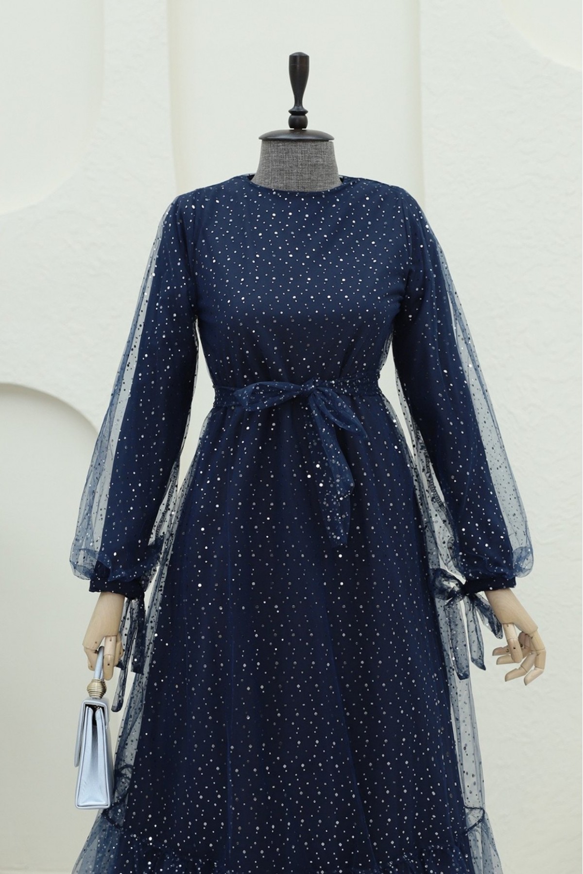 Lace-Up Tulle Dress with Sprinkled Sequin Detail -Navy blue