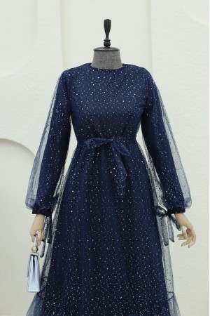 Serpme Pul Detaylı Kolu Bağcıklı Tül Elbise -Laci