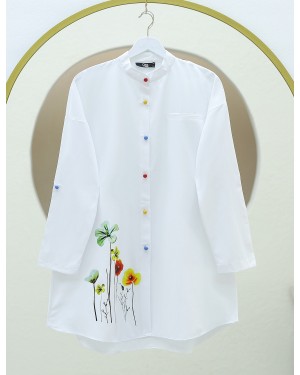 Gül Baskılı Hakim Yaka Gömlek -Beyaz