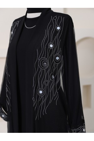 Önü Ve Manşeti Taşlı Abaya  -Gümüş