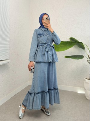 Parçalı Kemerli Jile Ceket İkili Kot Elbise  -Buz Mavi