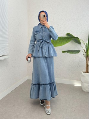 Parçalı Kemerli Jile Ceket İkili Kot Elbise  -Buz Mavi