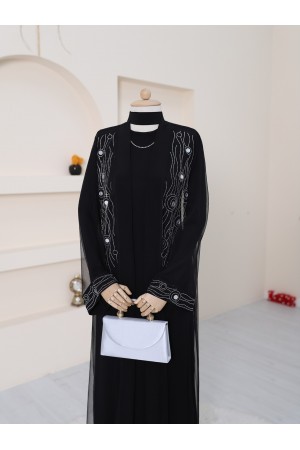 Önü Ve Manşeti Taşlı Abaya  -Gümüş