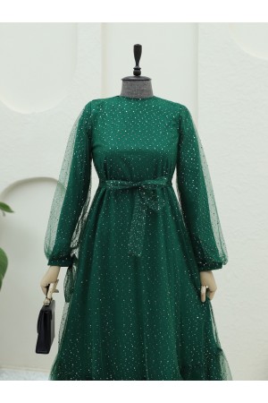 Serpme Pul Detaylı Kolu Bağcıklı Tül Elbise -Zümrüt