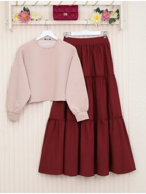 Parçalı Beli Lastikli Etek -Bordo