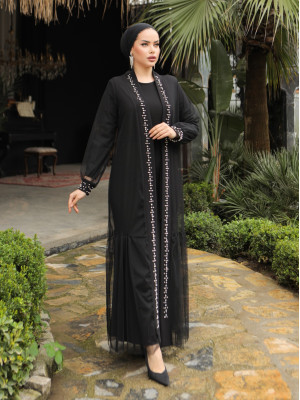 İncili Taşlı İkili Abaya Takım -Siyah