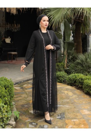 İncili Taşlı İkili Abaya Takım -Siyah