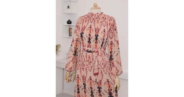 Full Length Pleated Chiffon Dress With Tie Waist