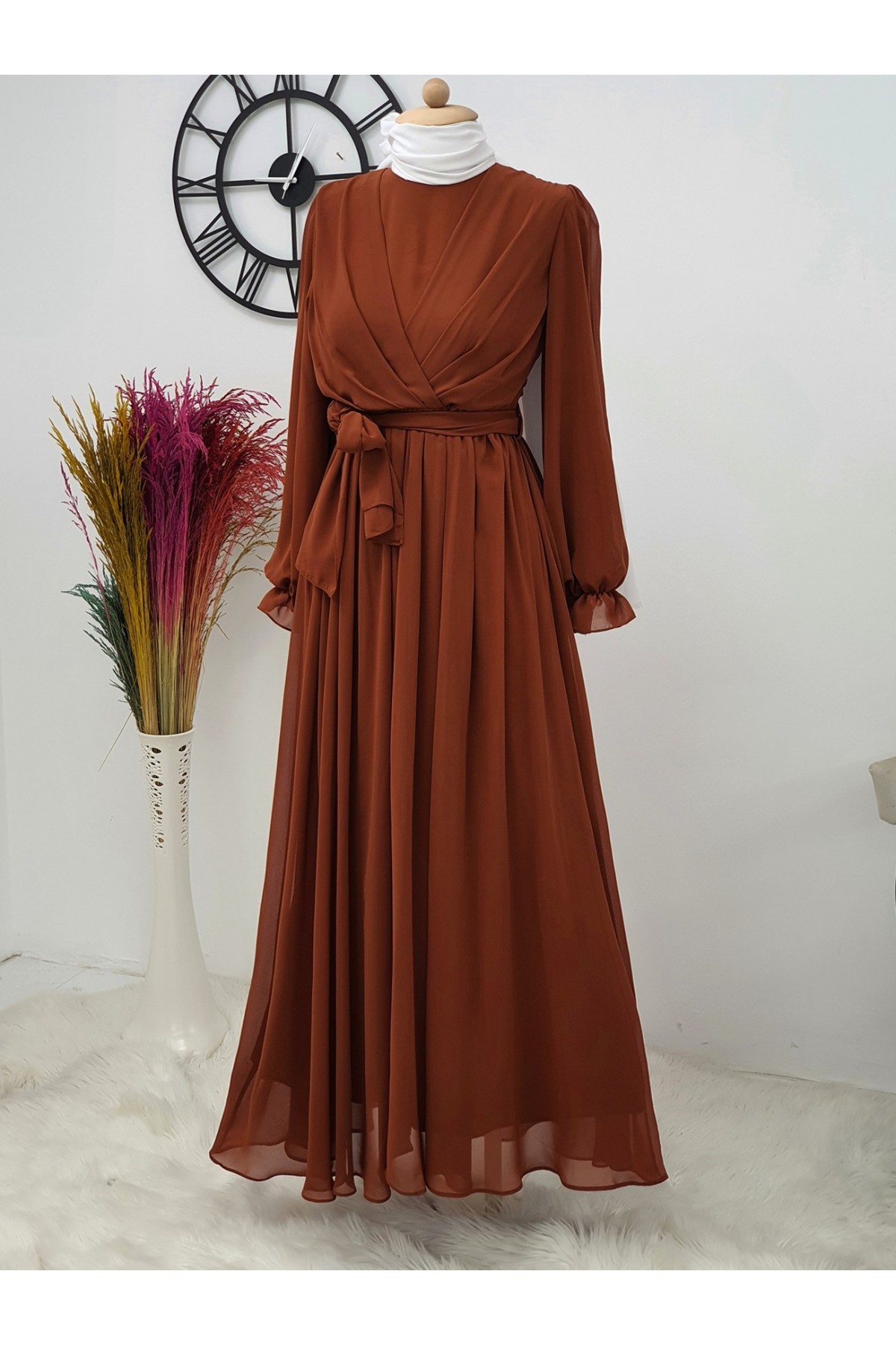 Front Draped Chiffon Dress -Brick color