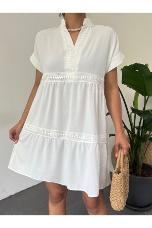 V Yaka Fistolu Ayrobin Elbise -Beyaz