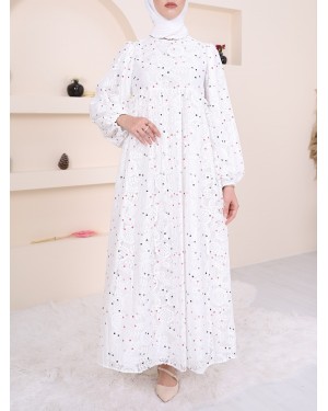 Renkli Puantiyeli Astarlı Tül Elbise -Beyaz