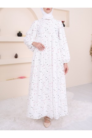 Renkli Puantiyeli Astarlı Tül Elbise -Beyaz