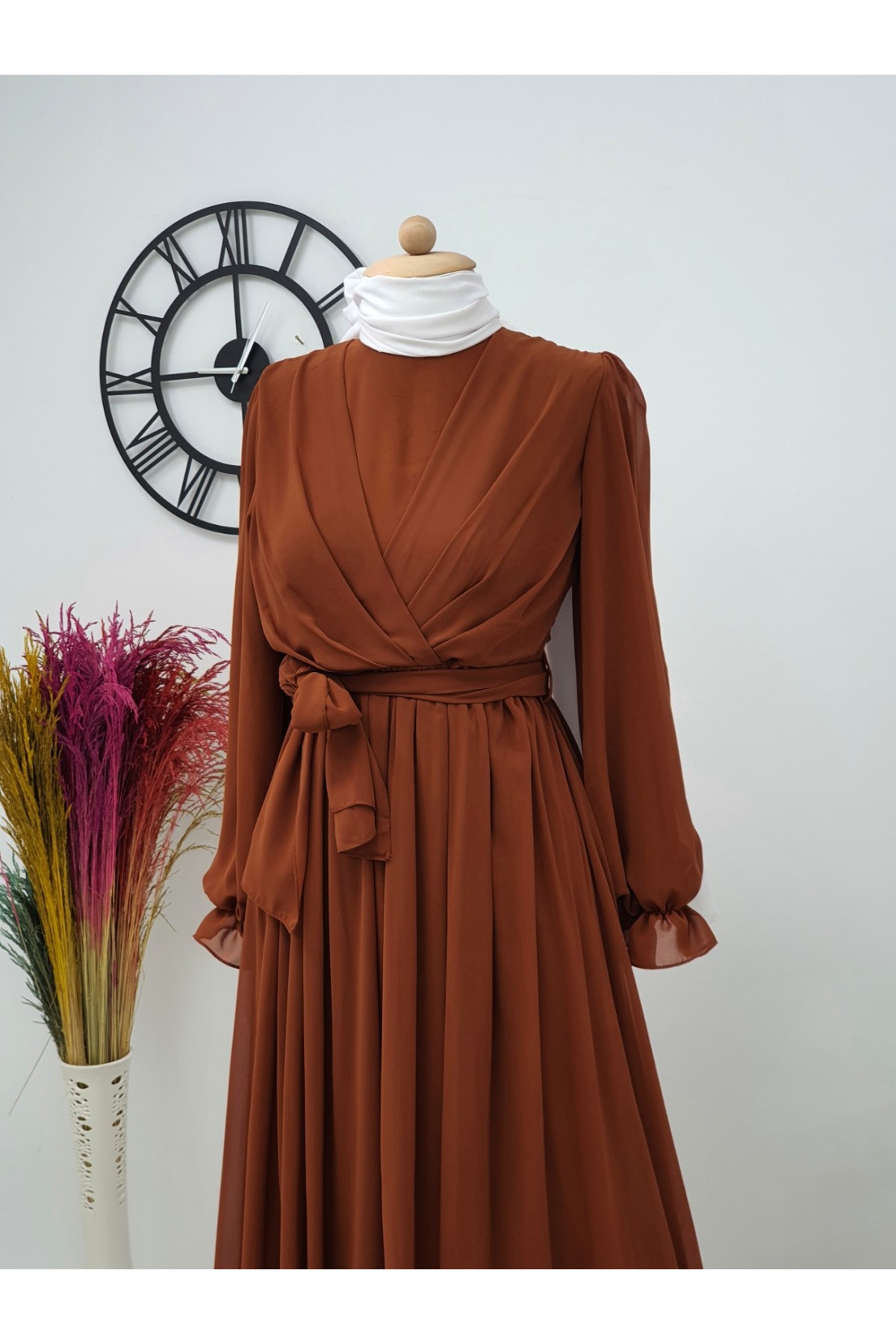 Front Draped Chiffon Dress -Brick color