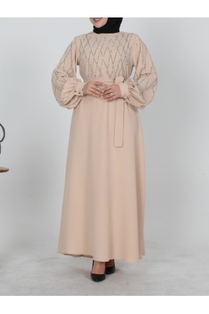 Round Neck Tied Waist Dress With Stones On The Front And Sleeves - Beige