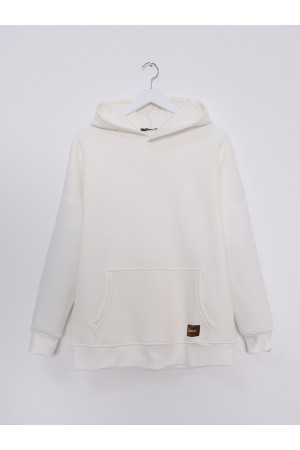 Kanguru Cepli Kapşonlu Armalı Sweat -Ekru