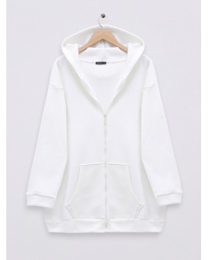 Zippered Hooded Pocket Fleece Sweat -White