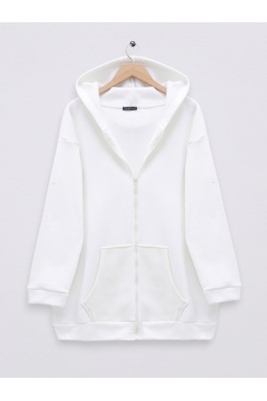 Fermuarlı Kapşonlu Cepli Polar Sweat -Beyaz