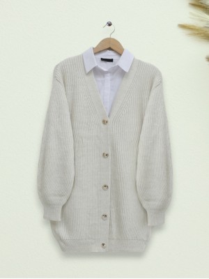 Düğmeli Ara Boy Triko Hırka -Taş