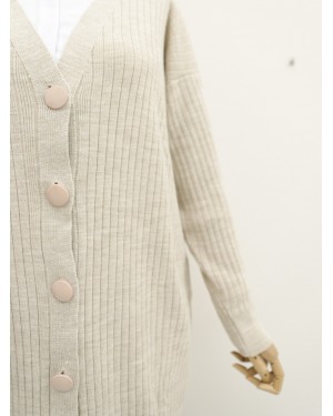 Long Knitwear Cardigan with Ribbed Buttons -Stone