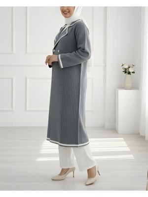 Önü Çıtçıtlı Cepli Uzun Triko Hırka -Füme