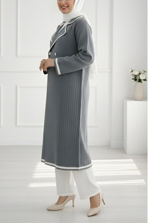 Önü Çıtçıtlı Cepli Uzun Triko Hırka -Füme