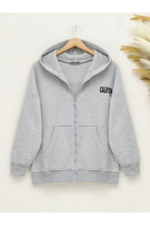 Kapşonlu Arkası Baskılı Sweat Polar -Gri