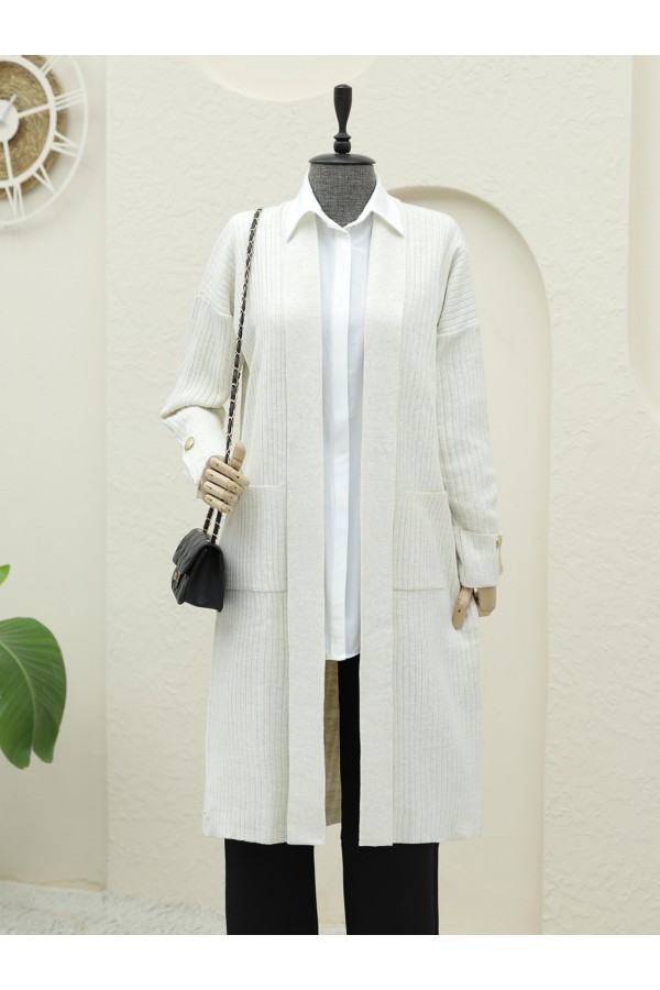 Double Pocket Folded Sleeve Knitted Cardigan -Cream color