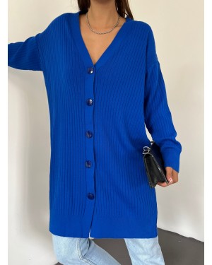 Long Knitwear Cardigan with Ribbed Buttons -Blue