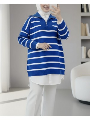 Half Neck Zippered Double Plate Knitwear Tunic  -Blue