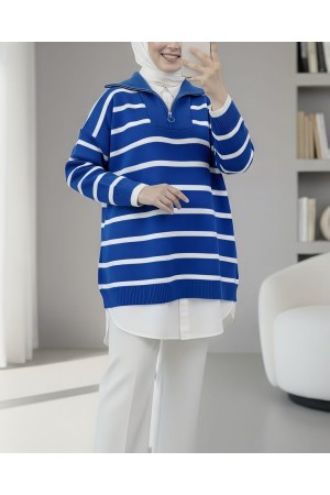 Half Neck Zippered Double Plate Knitwear Tunic  -Blue