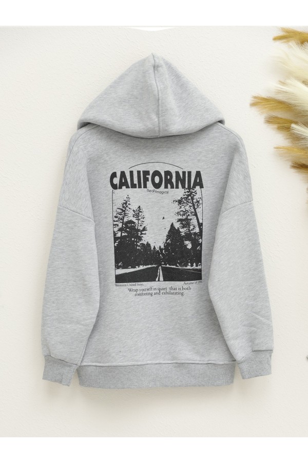 Hooded Back Printed Sweat Fleece -Grey