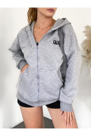 Kapşonlu Arkası Baskılı Sweat Polar -Gri