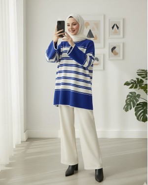 Bisiklet Yaka Salaş Triko Tunik -Mavi