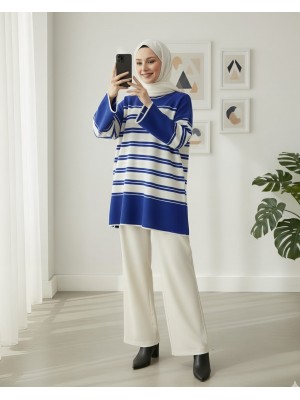 Crew Neck Loose Knitwear Tunic -Blue