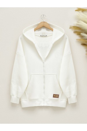 Armalı Fermuarlı Kapşonlu Sweat -Beyaz