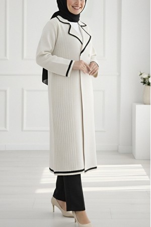 Önü Çıtçıtlı Cepli Uzun Triko Hırka -Krem