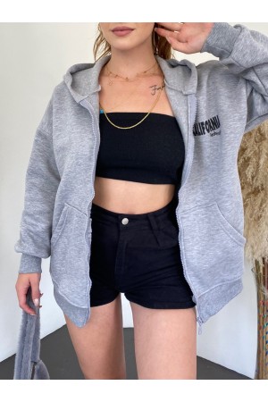 Kapşonlu Arkası Baskılı Sweat Polar -Gri