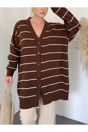 Düğmeli Uzun Triko Hırka -Kahve