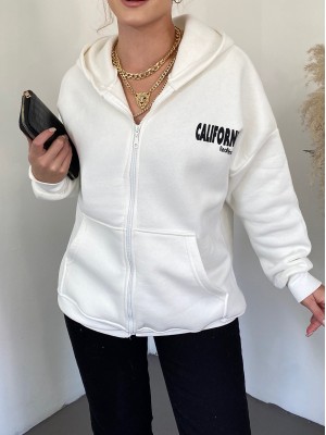 Hooded Back Printed Sweat Fleece -White