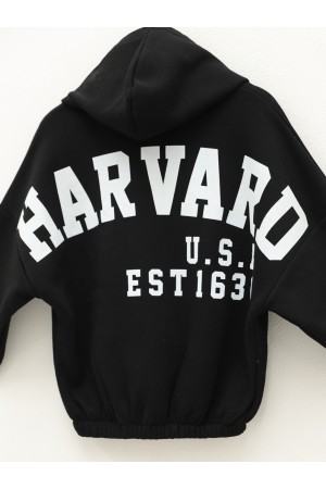 Eteği Lastikli Kapşonlu Yazılı Sweat -Siyah