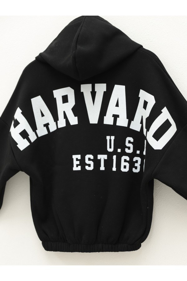 Elastic Skirt Hooded Written Sweat -Black