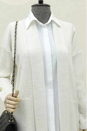 Çift Cepli Kolu Katlamalı Triko Hırka  -Krem